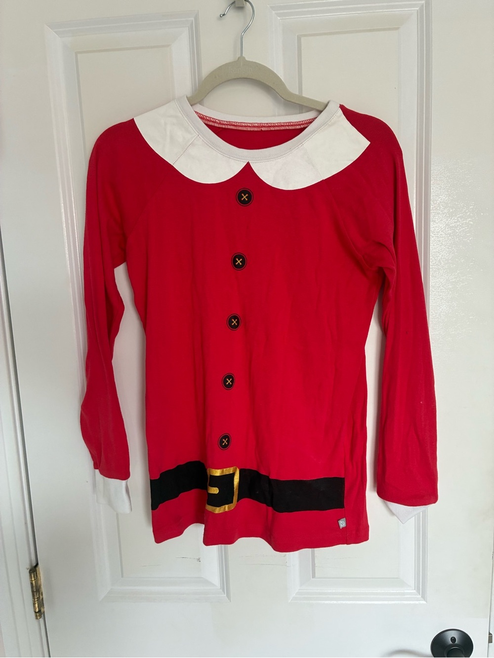 Tipsy Elves Red Santa Belt Print Long Sleeve Top with White Collar
